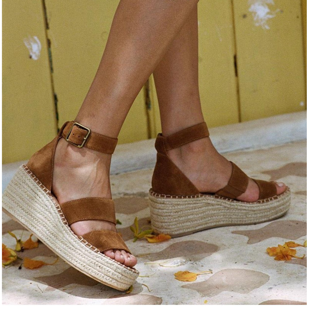 Soludos Palma Platform Wedge Espadrille Suede Sandals Walnut Brown 9